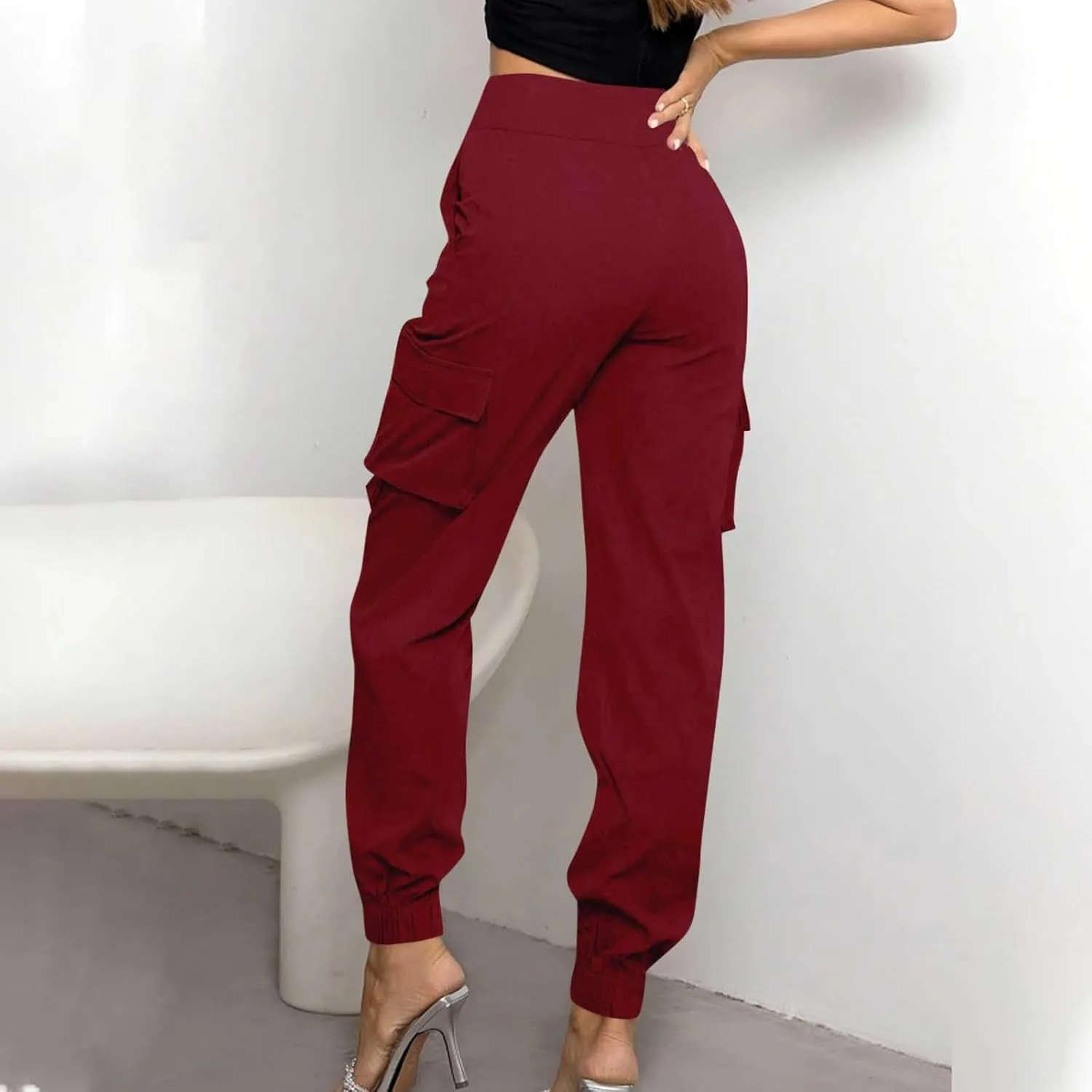 Women's Cargo Jogger Pants with Pockets Casual Button High Waist Slim Fit Workout Athletic Hiking Tapered Trousers