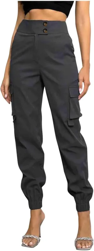 Women's Cargo Jogger Pants with Pockets Casual Button High Waist Slim Fit Workout Athletic Hiking Tapered Trousers