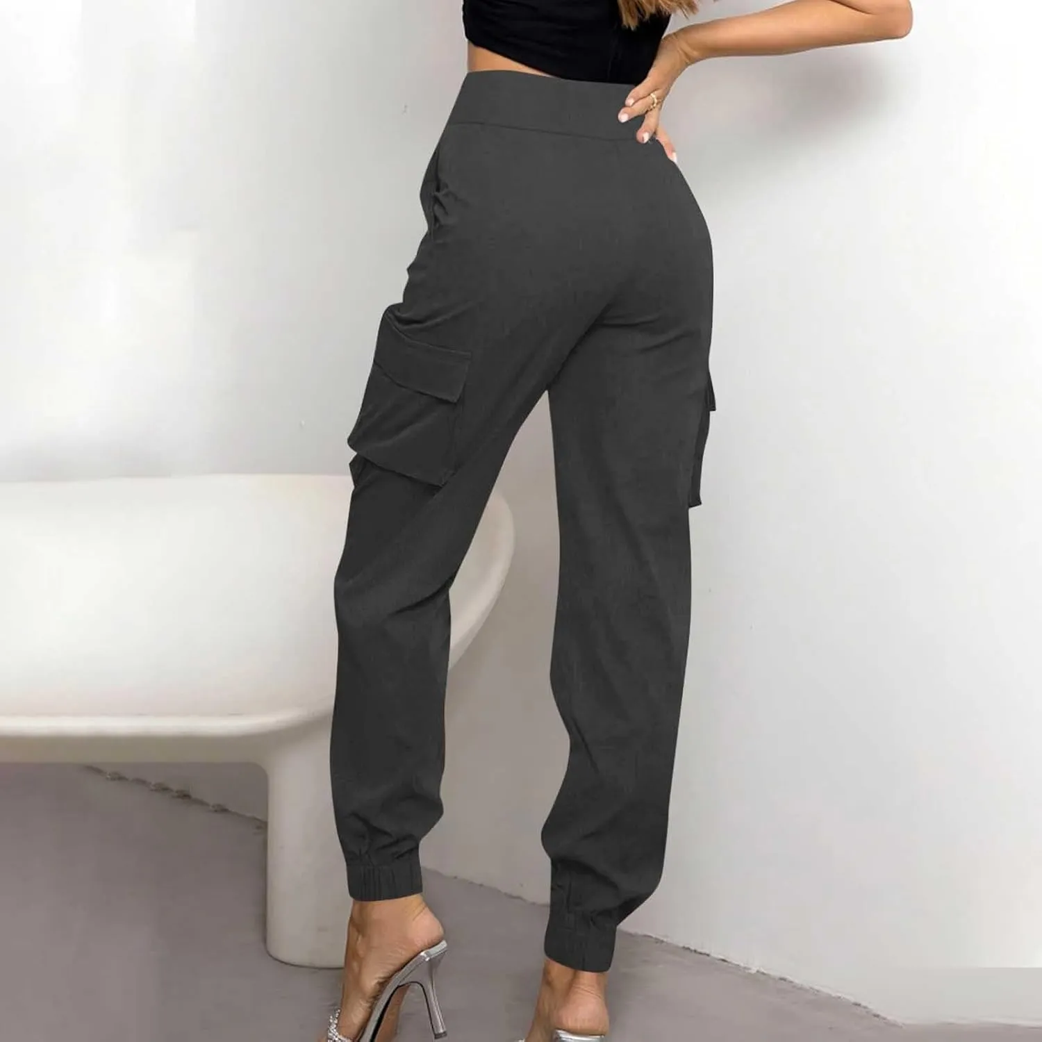 Women's Cargo Jogger Pants with Pockets Casual Button High Waist Slim Fit Workout Athletic Hiking Tapered Trousers