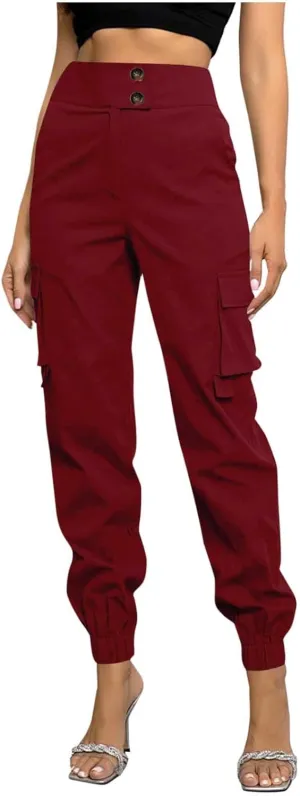 Women's Cargo Jogger Pants with Pockets Casual Button High Waist Slim Fit Workout Athletic Hiking Tapered Trousers