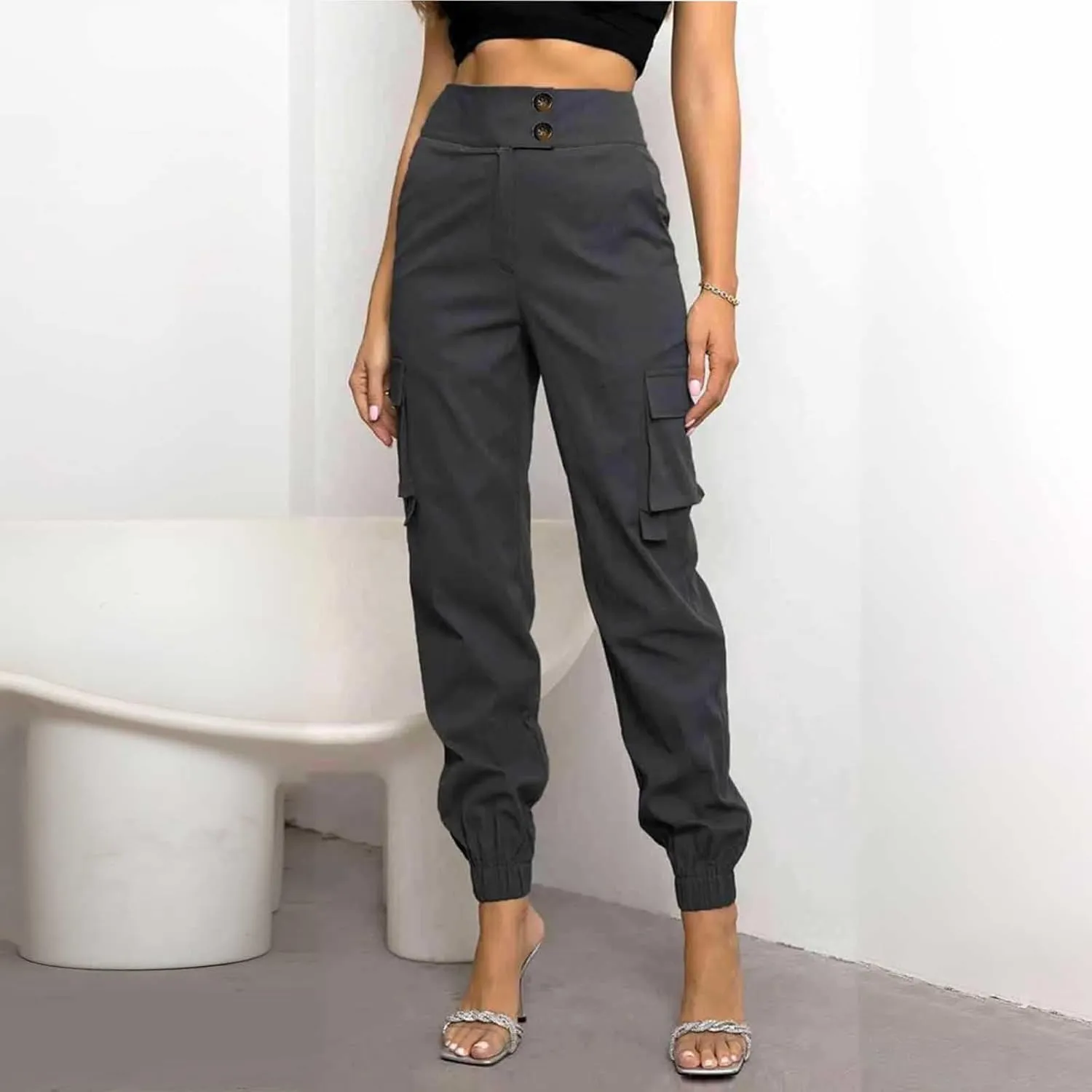 Women's Cargo Jogger Pants with Pockets Casual Button High Waist Slim Fit Workout Athletic Hiking Tapered Trousers