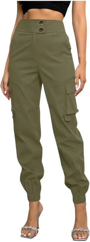 Women's Cargo Jogger Pants with Pockets Casual Button High Waist Slim Fit Workout Athletic Hiking Tapered Trousers