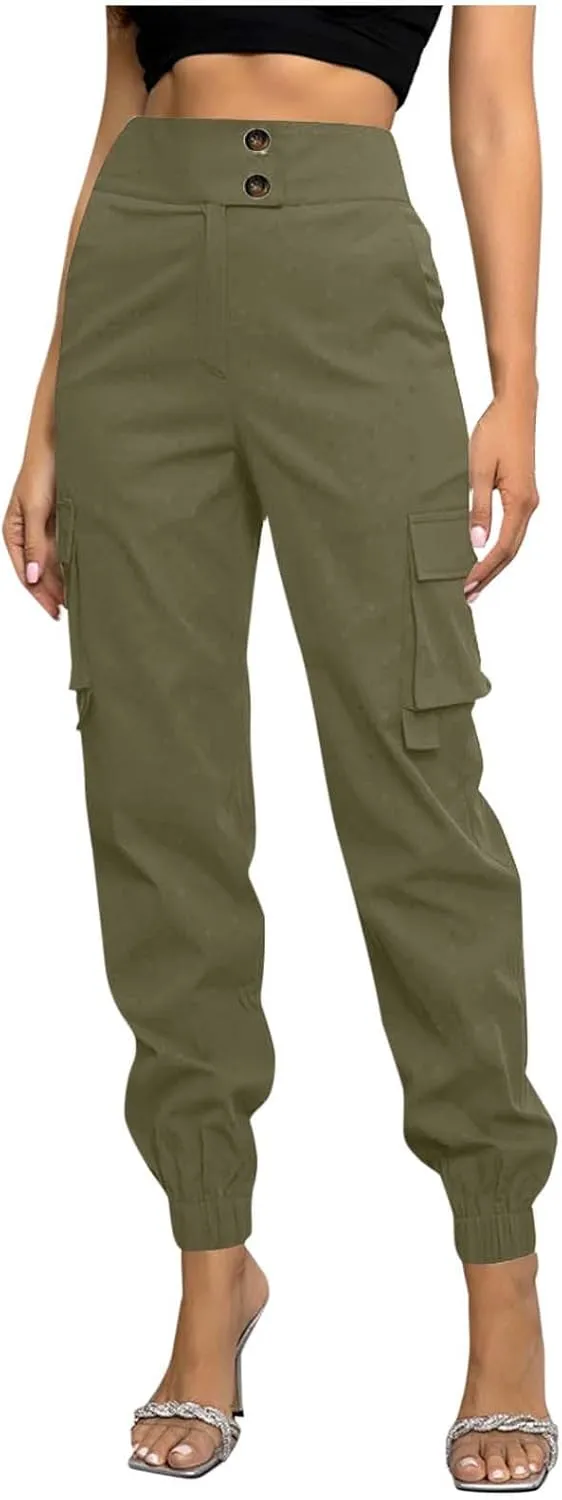 Women's Cargo Jogger Pants with Pockets Casual Button High Waist Slim Fit Workout Athletic Hiking Tapered Trousers