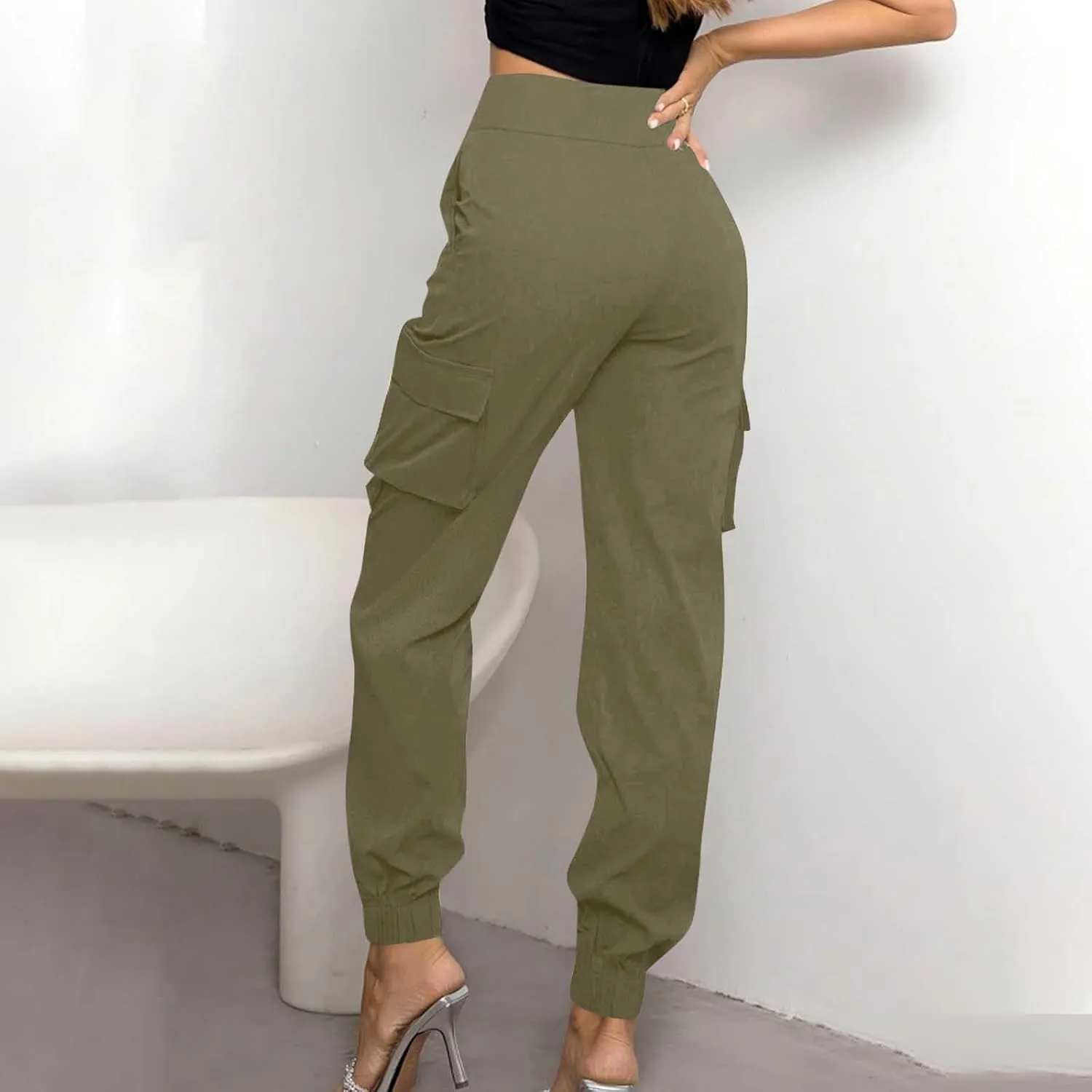 Women's Cargo Jogger Pants with Pockets Casual Button High Waist Slim Fit Workout Athletic Hiking Tapered Trousers