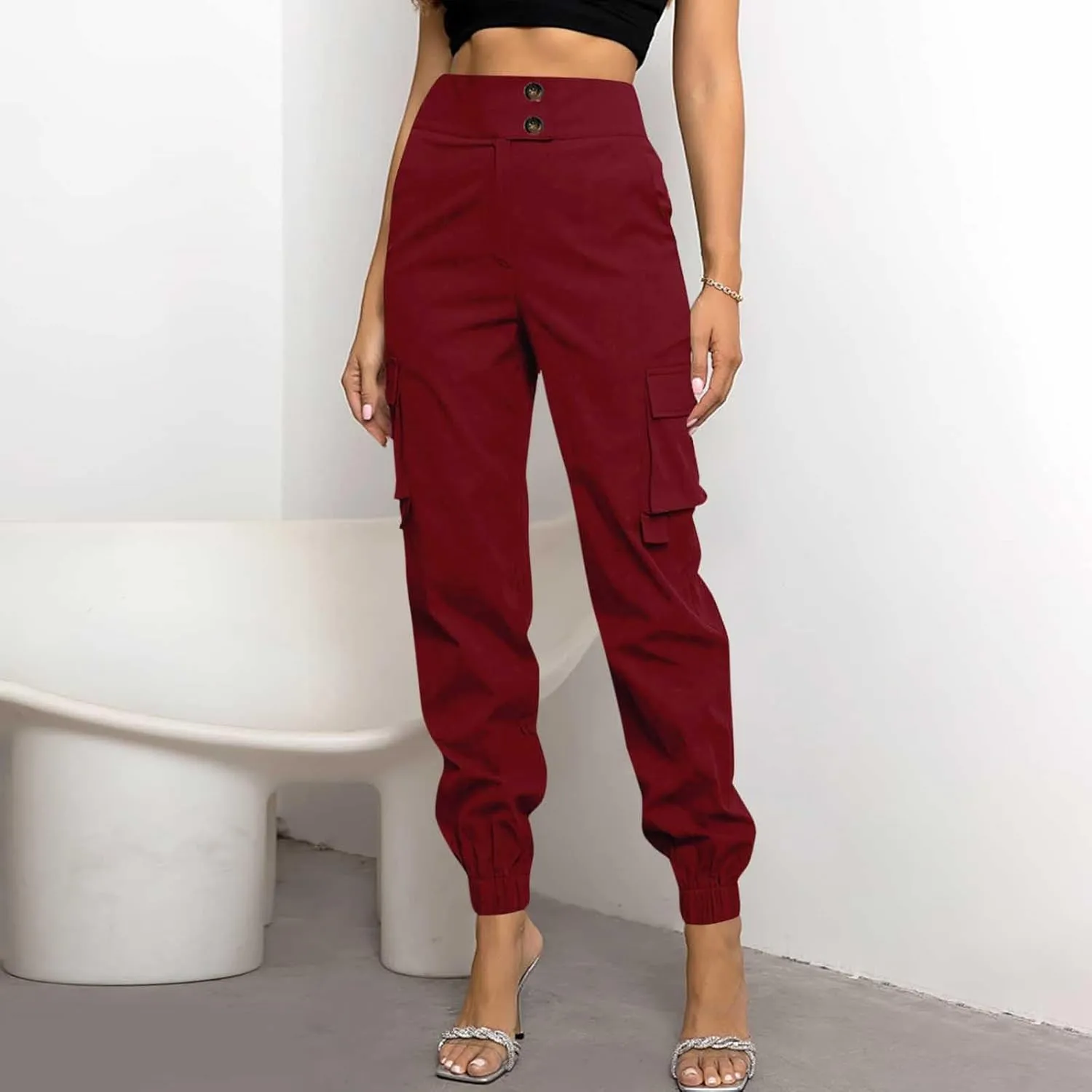Women's Cargo Jogger Pants with Pockets Casual Button High Waist Slim Fit Workout Athletic Hiking Tapered Trousers