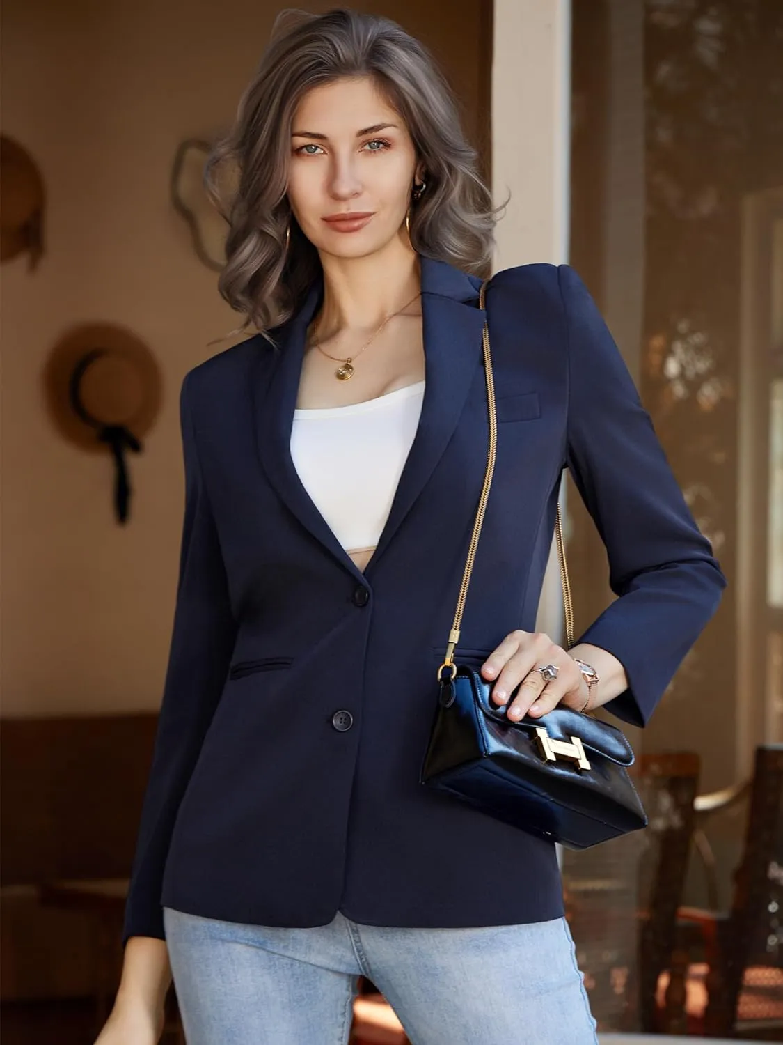 Women's Casual Blazer 2 Buttons Notch Lapel Open Front Long Sleeve Blazers Business Office Work Suit Jackets