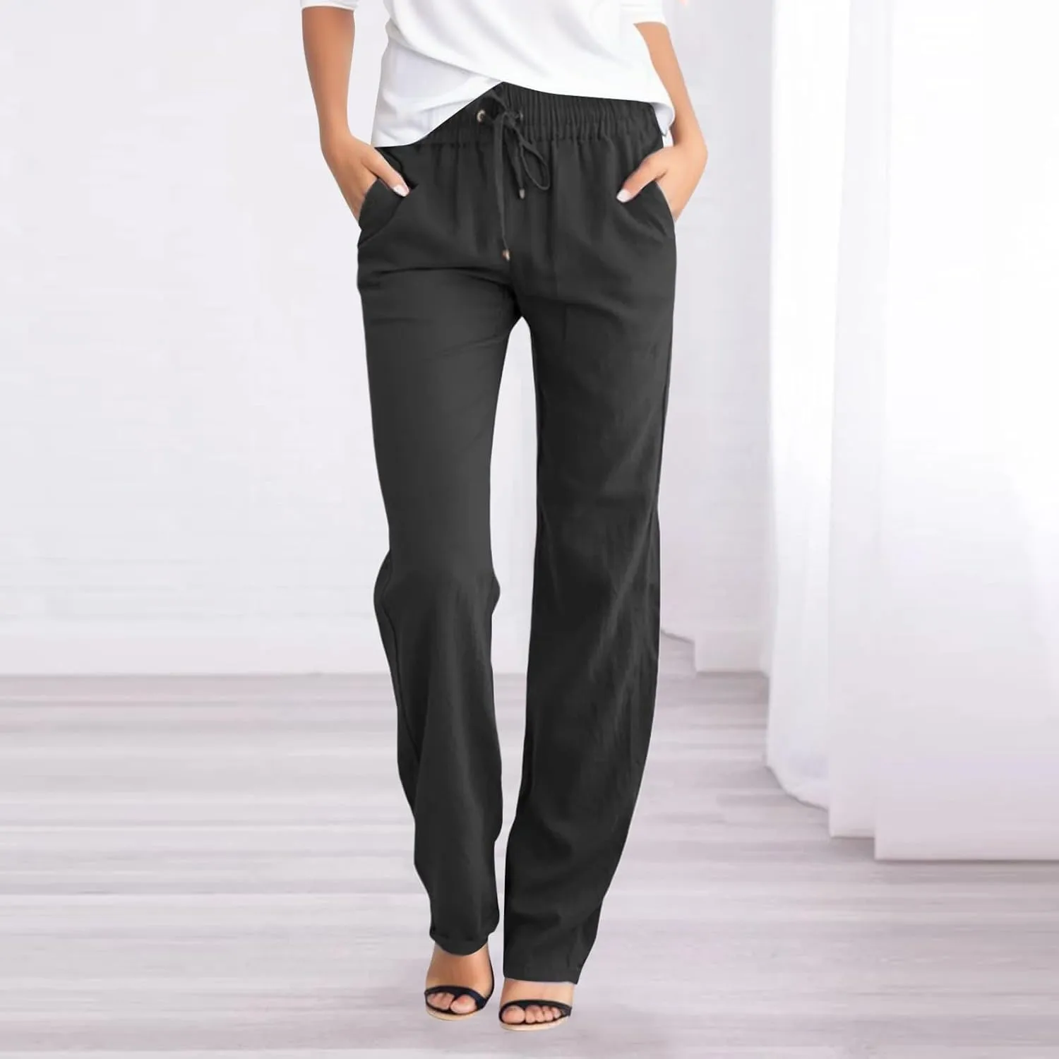 Womens Casual Cotton Linen High Waist Pants Drawstring Loose Fit Summer Pants Straight Leg Lounge Trousers with Side Pockets