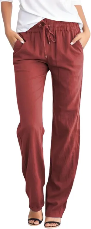 Womens Casual Cotton Linen High Waist Pants Drawstring Loose Fit Summer Pants Straight Leg Lounge Trousers with Side Pockets