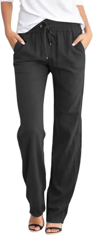 Womens Casual Cotton Linen High Waist Pants Drawstring Loose Fit Summer Pants Straight Leg Lounge Trousers with Side Pockets