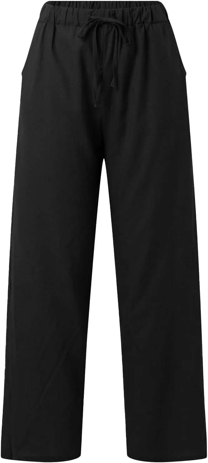 Womens Casual Cotton Linen Pants Lightweight Summer Relax Fit Elastic Waisted Plus Size Solid Lounge Long Trousers