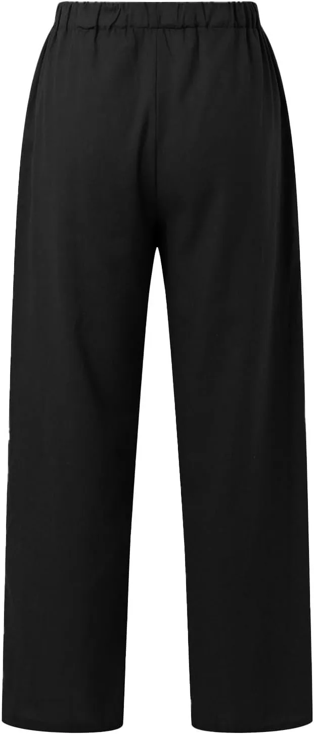 Womens Casual Cotton Linen Pants Lightweight Summer Relax Fit Elastic Waisted Plus Size Solid Lounge Long Trousers