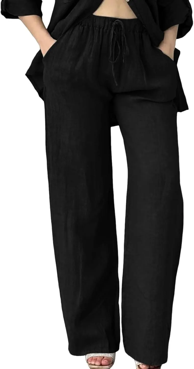 Womens Casual Cotton Linen Pants Lightweight Summer Relax Fit Elastic Waisted Plus Size Solid Lounge Long Trousers
