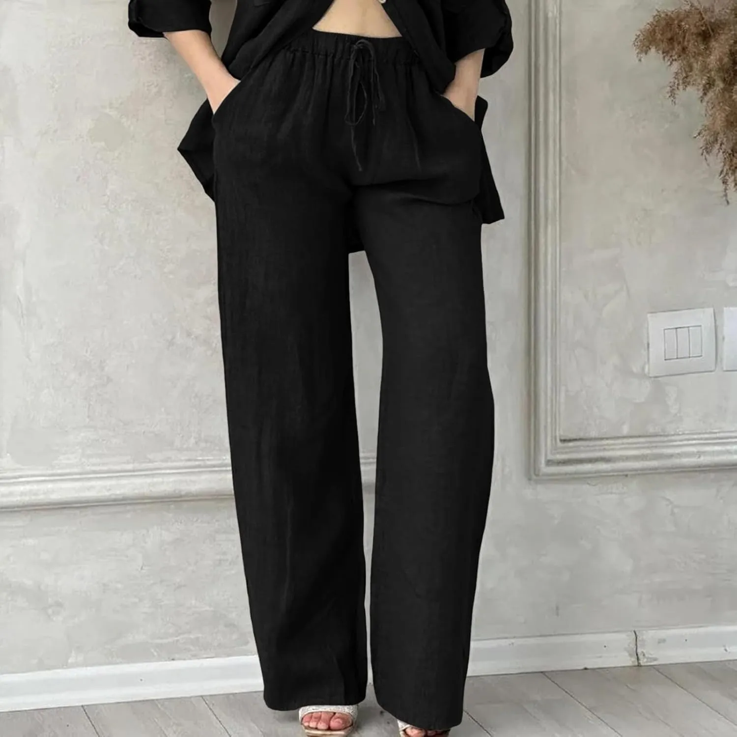 Womens Casual Cotton Linen Pants Lightweight Summer Relax Fit Elastic Waisted Plus Size Solid Lounge Long Trousers
