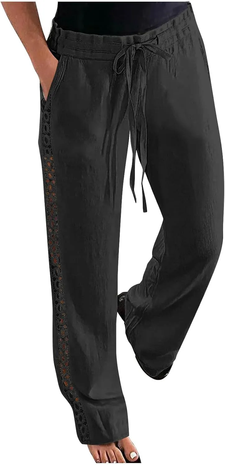 Womens Casual Cotton Linen Pants Trendy Drawstring Side Hollow Trousers Summer Vacation Lounge Travel Outfits 2025