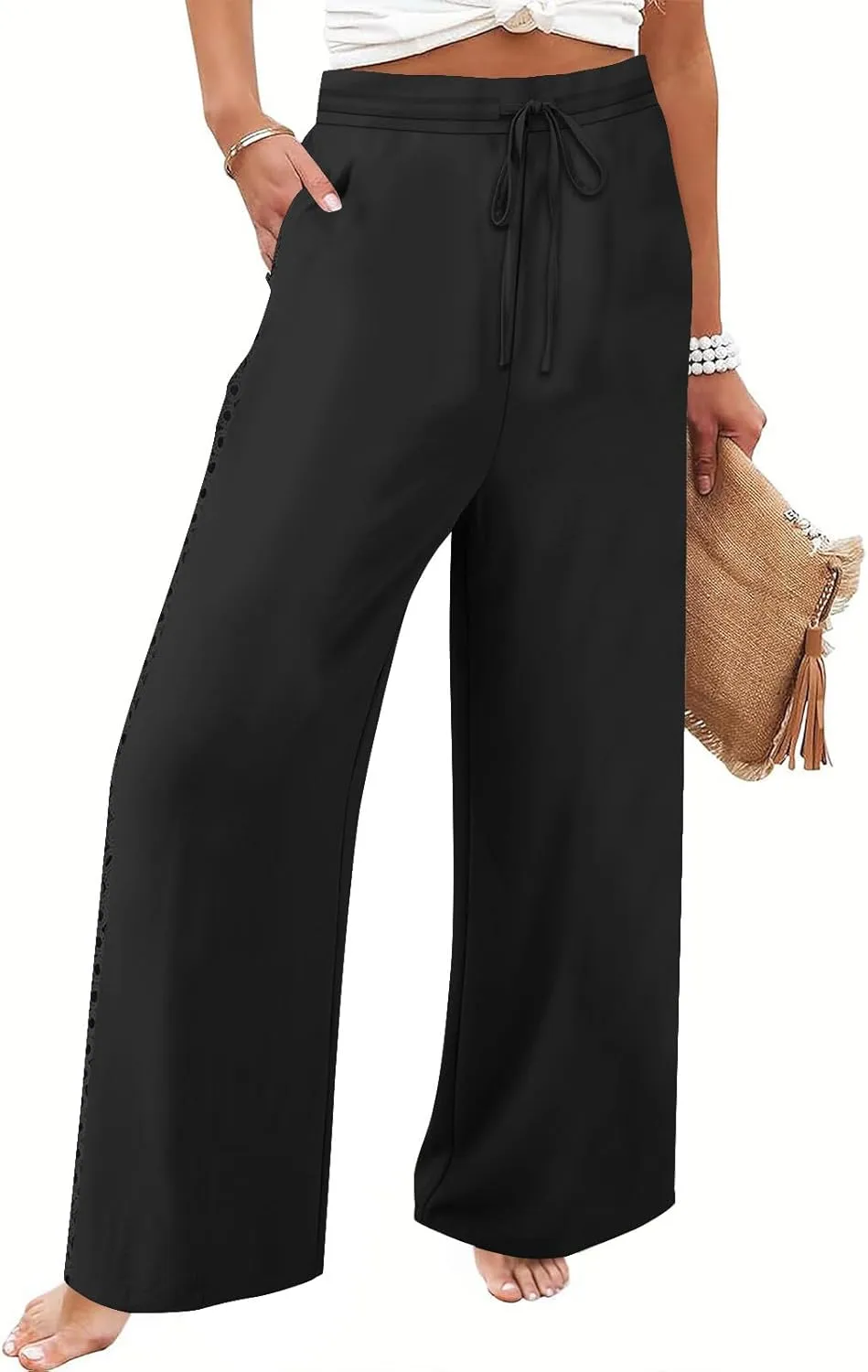 Womens Casual Cotton Linen Pants Trendy Drawstring Side Hollow Trousers Summer Vacation Lounge Travel Outfits 2025