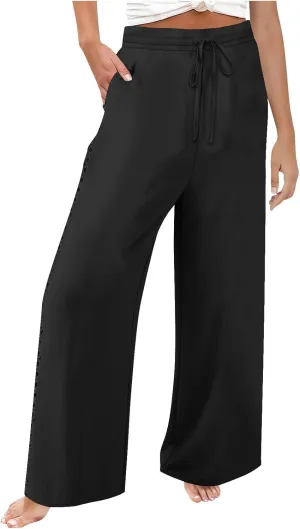 Womens Casual Cotton Linen Pants Trendy Drawstring Side Hollow Trousers Summer Vacation Lounge Travel Outfits 2025