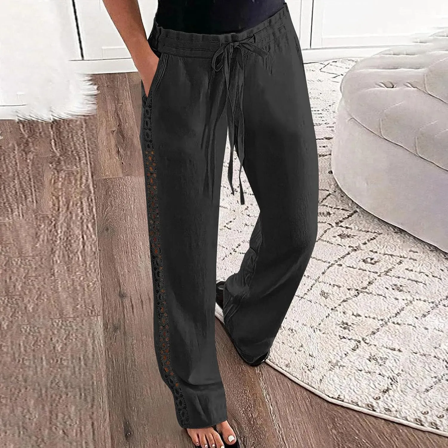 Womens Casual Cotton Linen Pants Trendy Drawstring Side Hollow Trousers Summer Vacation Lounge Travel Outfits 2025