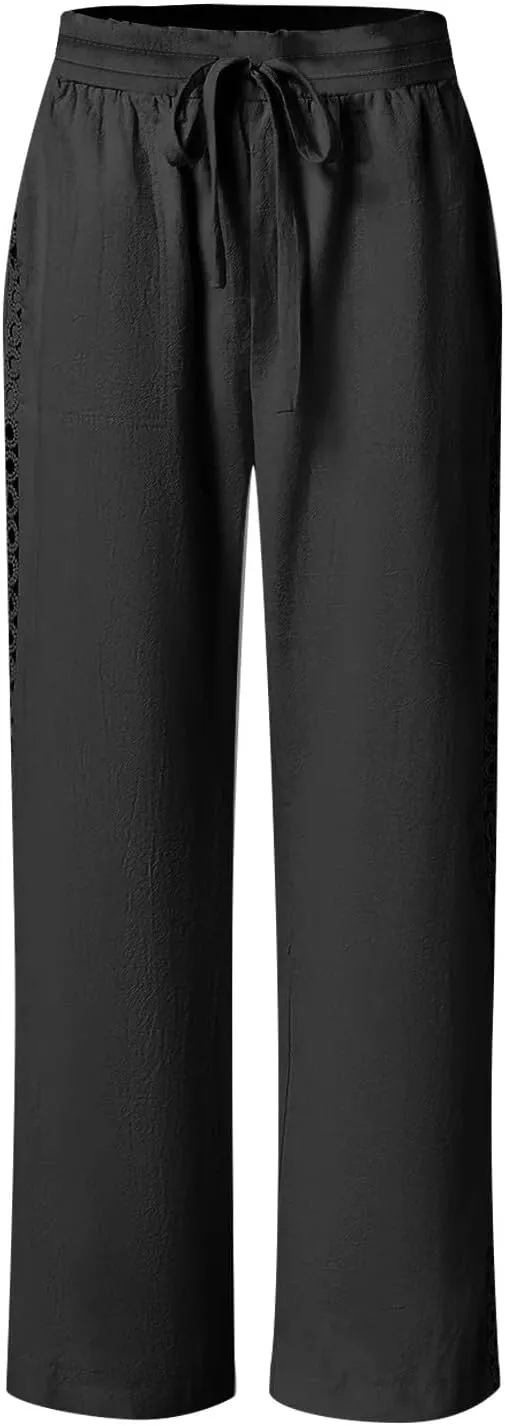 Womens Casual Cotton Linen Pants Trendy Drawstring Side Hollow Trousers Summer Vacation Lounge Travel Outfits 2025