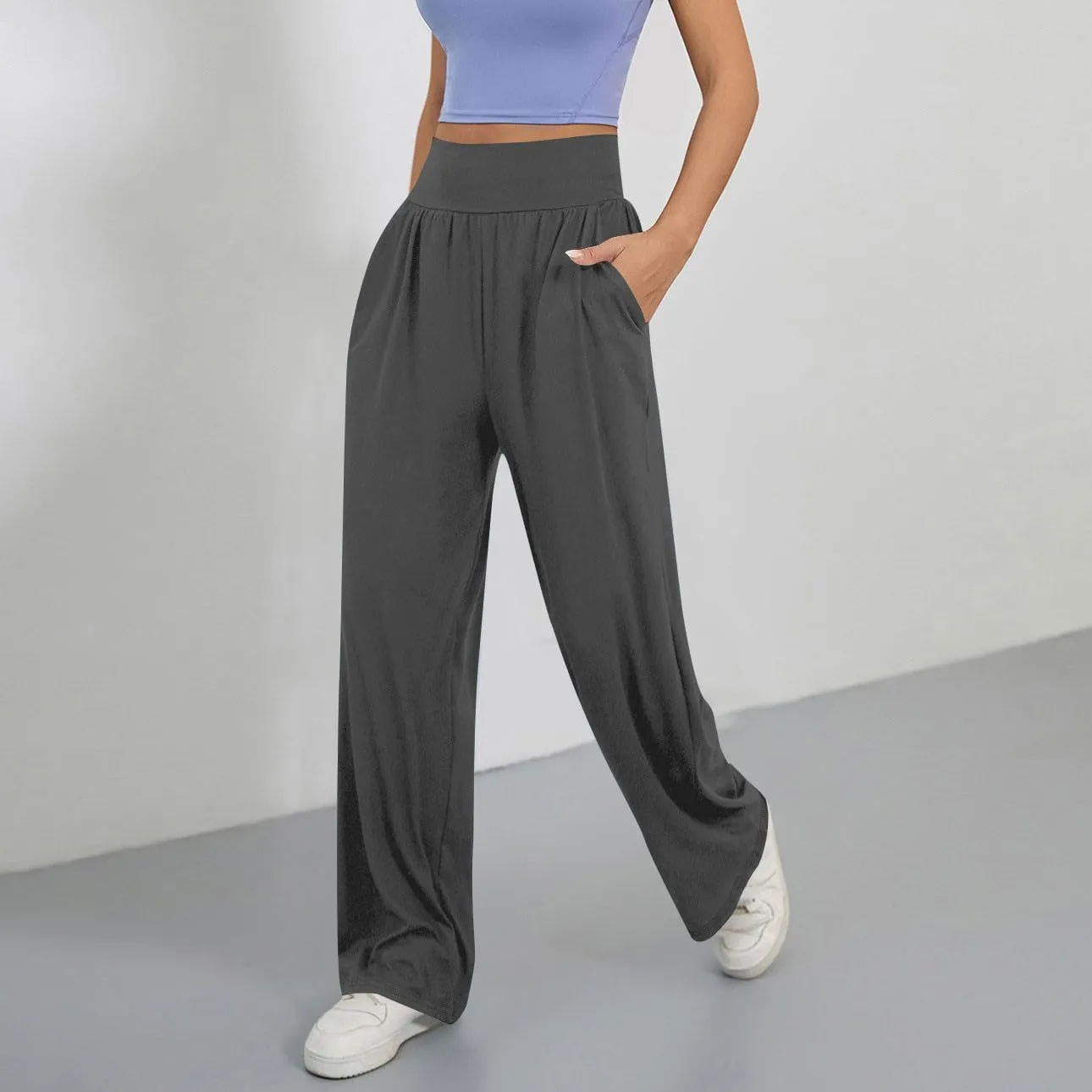 Womens Casual High Waist Elastic Yoga Pants Solid Color Straight Wide Leg Sports Pants Fashion Loose Fit Trousers