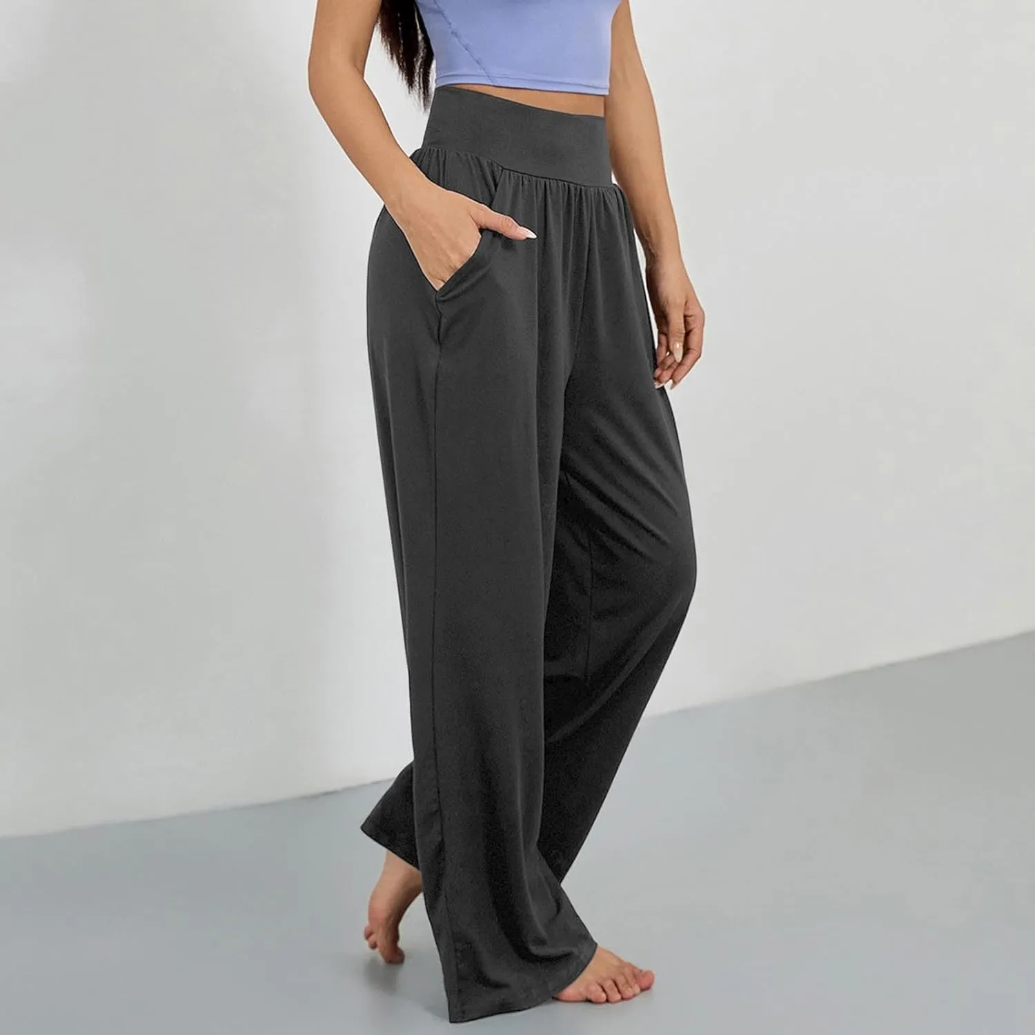 Womens Casual High Waist Elastic Yoga Pants Solid Color Straight Wide Leg Sports Pants Fashion Loose Fit Trousers