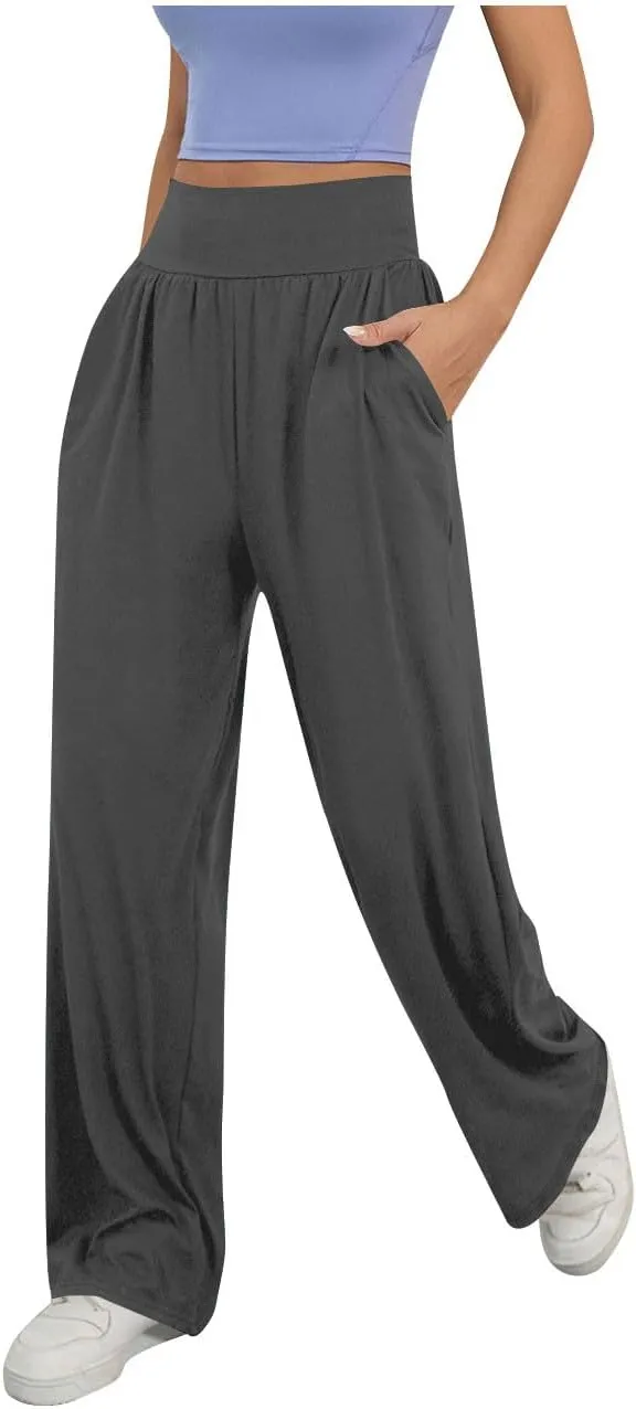 Womens Casual High Waist Elastic Yoga Pants Solid Color Straight Wide Leg Sports Pants Fashion Loose Fit Trousers