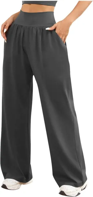 Womens Casual High Waist Elastic Yoga Pants Solid Color Straight Wide Leg Sports Pants Fashion Loose Fit Trousers