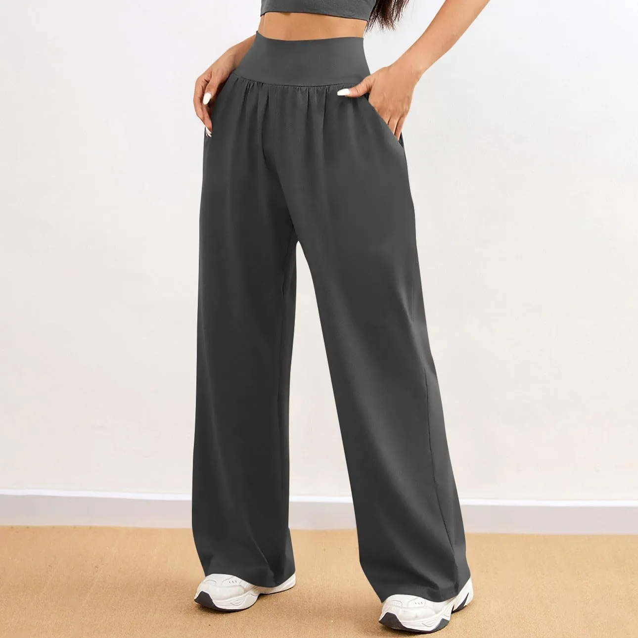 Womens Casual High Waist Elastic Yoga Pants Solid Color Straight Wide Leg Sports Pants Fashion Loose Fit Trousers