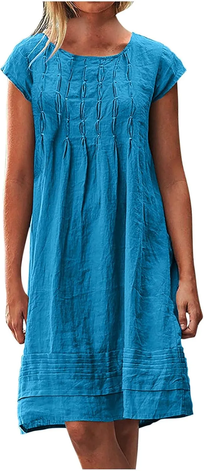 Women's Cotton Linen Midi Dress Plus Size Cap Sleeve Pleated Summer Dresses 2025 Trendy Crew Neck Casual Dress