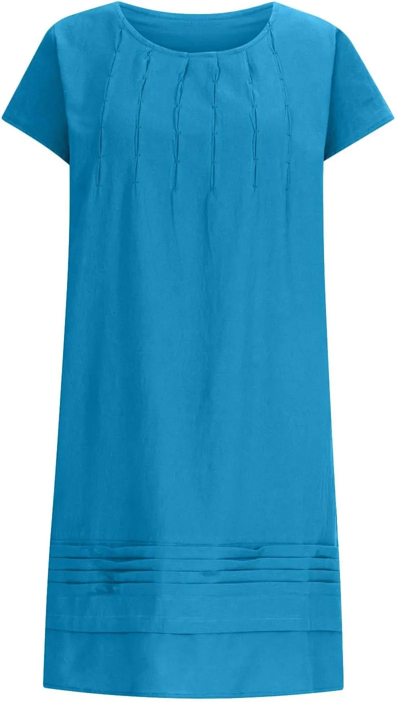 Women's Cotton Linen Midi Dress Plus Size Cap Sleeve Pleated Summer Dresses 2025 Trendy Crew Neck Casual Dress