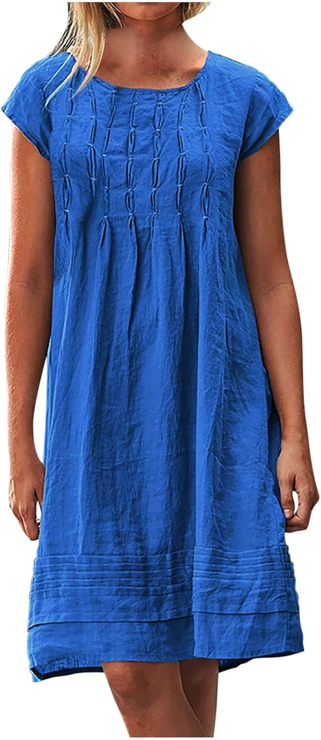 Women's Cotton Linen Midi Dress Plus Size Cap Sleeve Pleated Summer Dresses 2025 Trendy Crew Neck Casual Dress