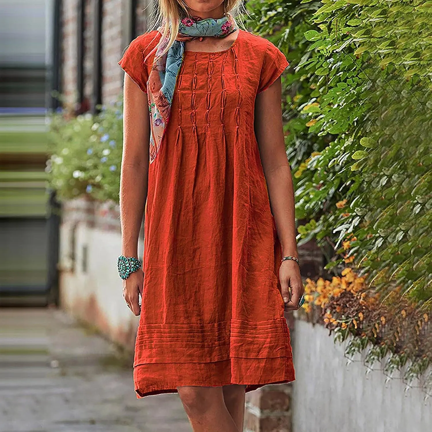 Women's Cotton Linen Midi Dress Plus Size Cap Sleeve Pleated Summer Dresses 2025 Trendy Crew Neck Casual Dress