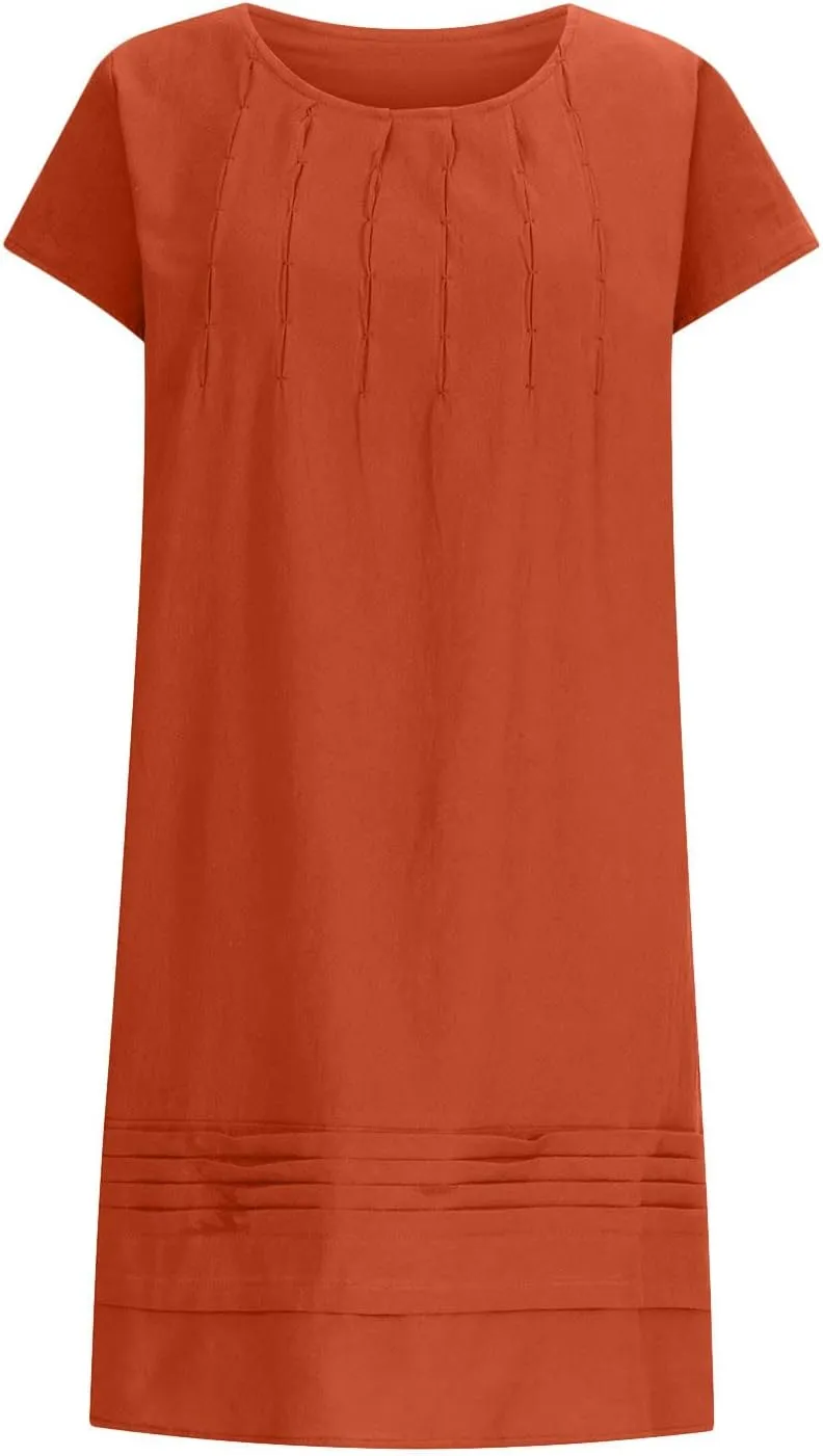 Women's Cotton Linen Midi Dress Plus Size Cap Sleeve Pleated Summer Dresses 2025 Trendy Crew Neck Casual Dress