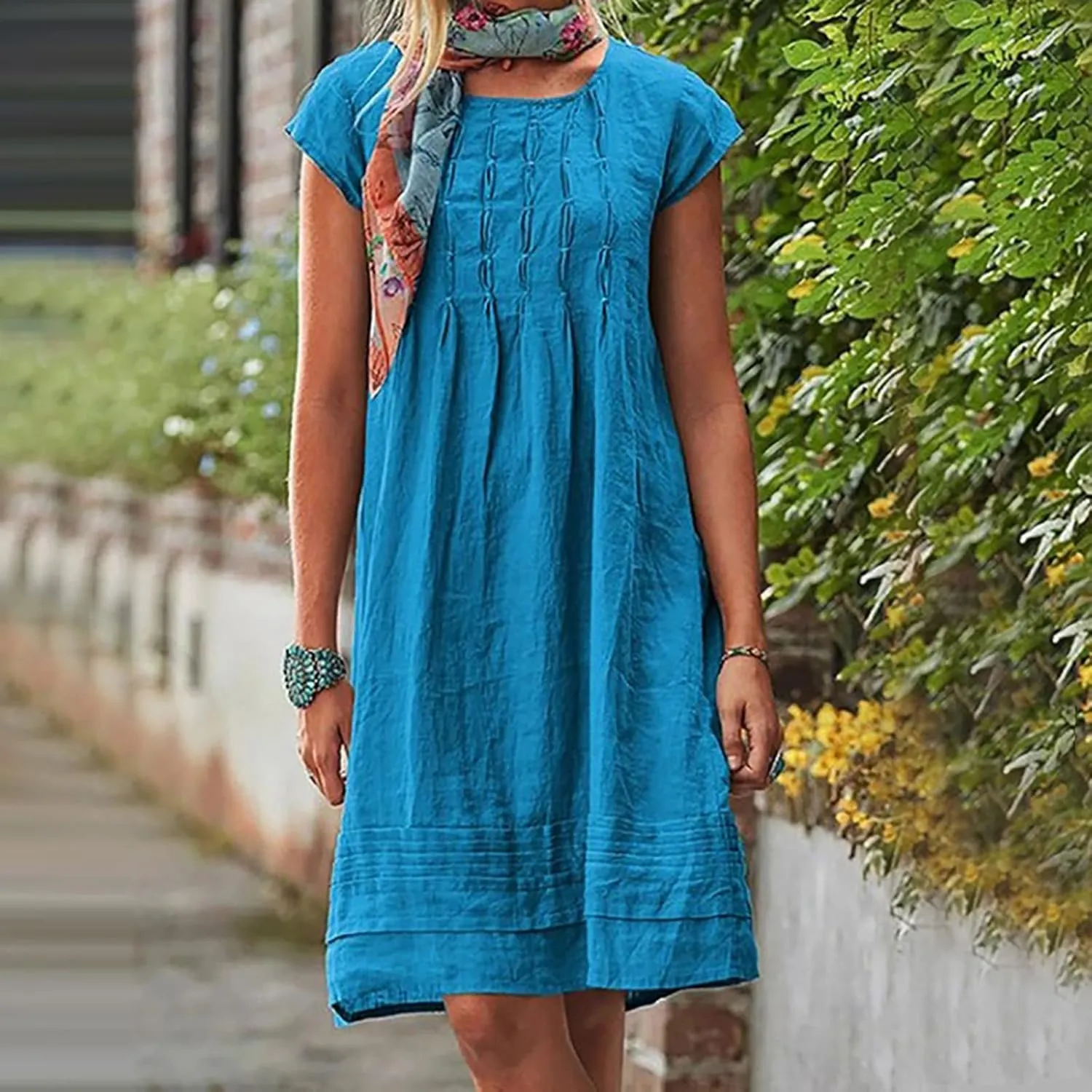 Women's Cotton Linen Midi Dress Plus Size Cap Sleeve Pleated Summer Dresses 2025 Trendy Crew Neck Casual Dress