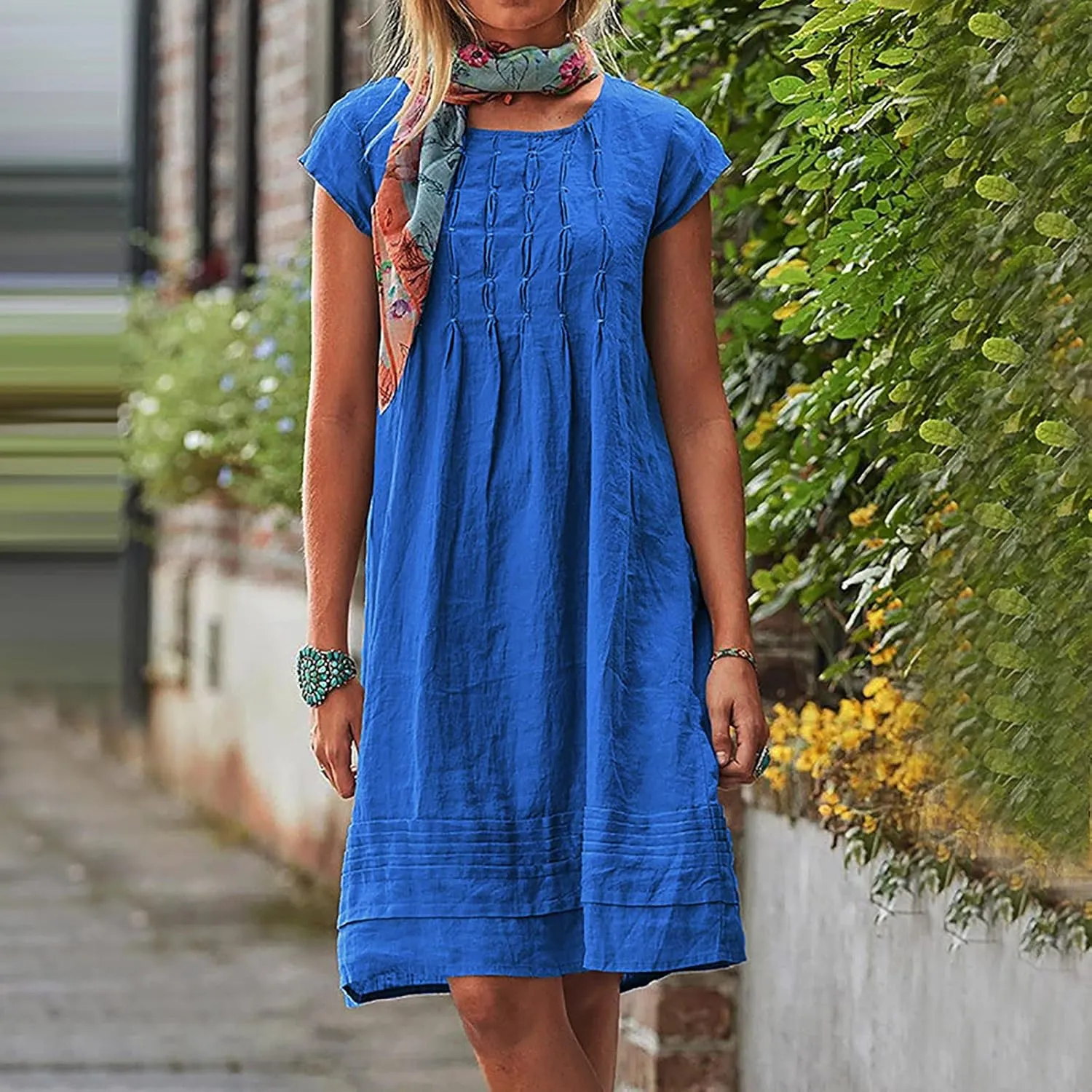 Women's Cotton Linen Midi Dress Plus Size Cap Sleeve Pleated Summer Dresses 2025 Trendy Crew Neck Casual Dress