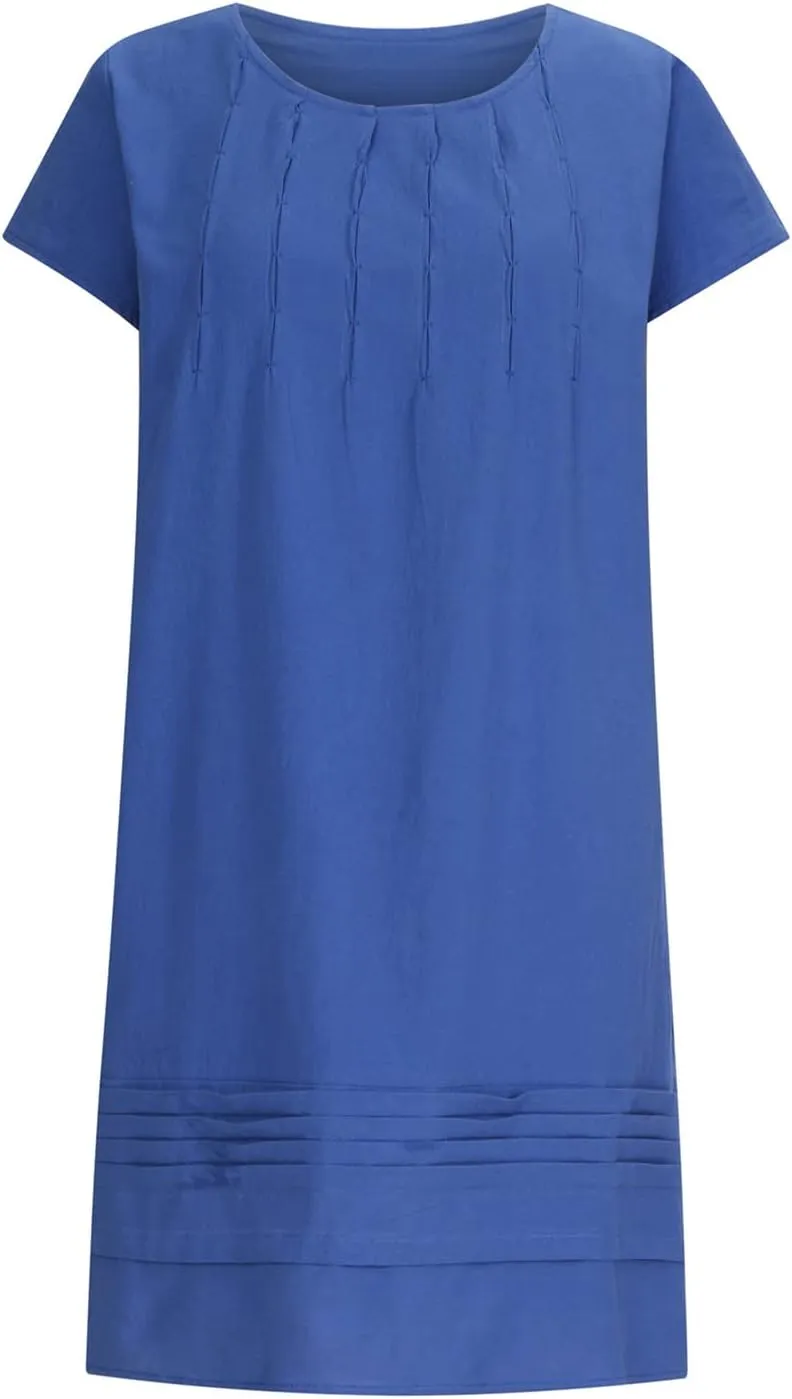 Women's Cotton Linen Midi Dress Plus Size Cap Sleeve Pleated Summer Dresses 2025 Trendy Crew Neck Casual Dress