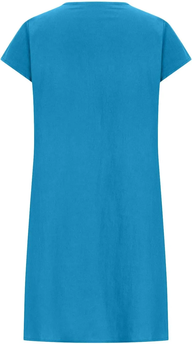 Women's Cotton Linen Midi Dress Plus Size Cap Sleeve Pleated Summer Dresses 2025 Trendy Crew Neck Casual Dress