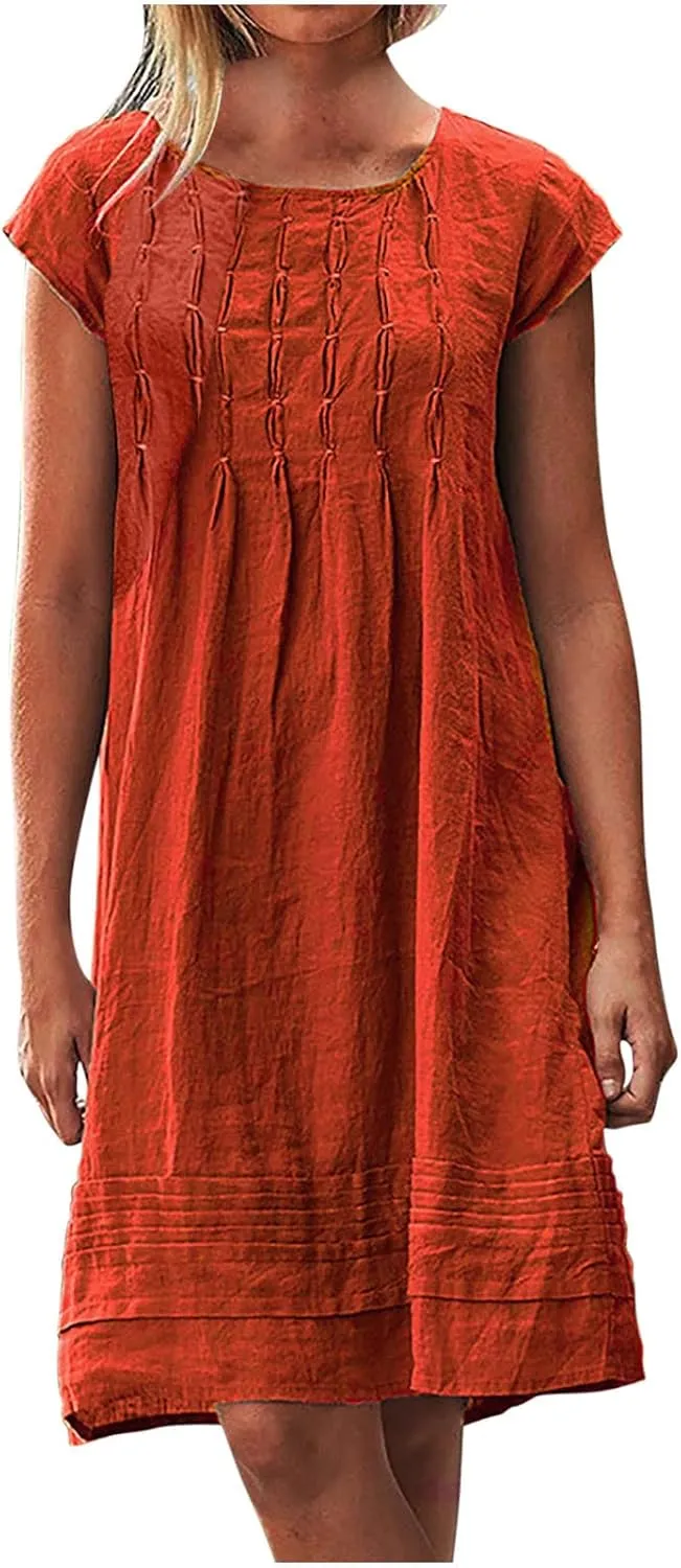 Women's Cotton Linen Midi Dress Plus Size Cap Sleeve Pleated Summer Dresses 2025 Trendy Crew Neck Casual Dress