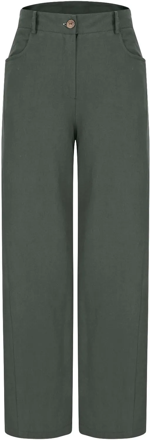 Womens Cotton Linen Palazzo Pants Summer Baggy Wide Leg Button Down Trousers Business Casual Slacks with Pockets