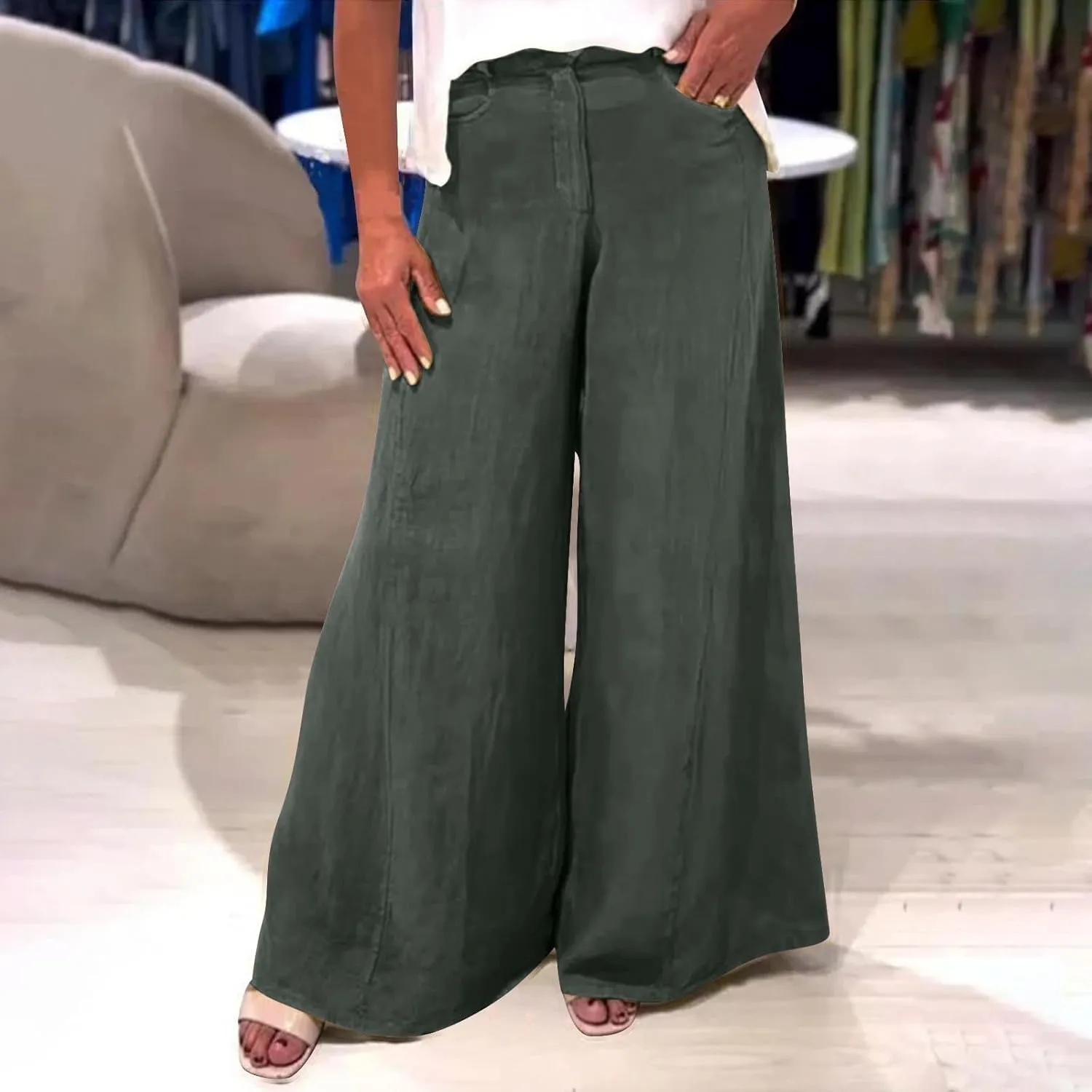 Womens Cotton Linen Palazzo Pants Summer Baggy Wide Leg Button Down Trousers Business Casual Slacks with Pockets
