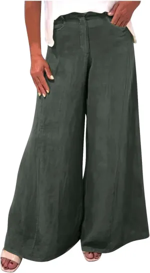Womens Cotton Linen Palazzo Pants Summer Baggy Wide Leg Button Down Trousers Business Casual Slacks with Pockets