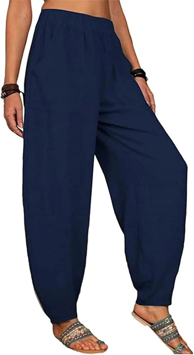 Women's Cotton Linen Pants Casual Elastic Waist Travel Lantern Slacks Baggy Loose Beach Harem Trousers with Pockets