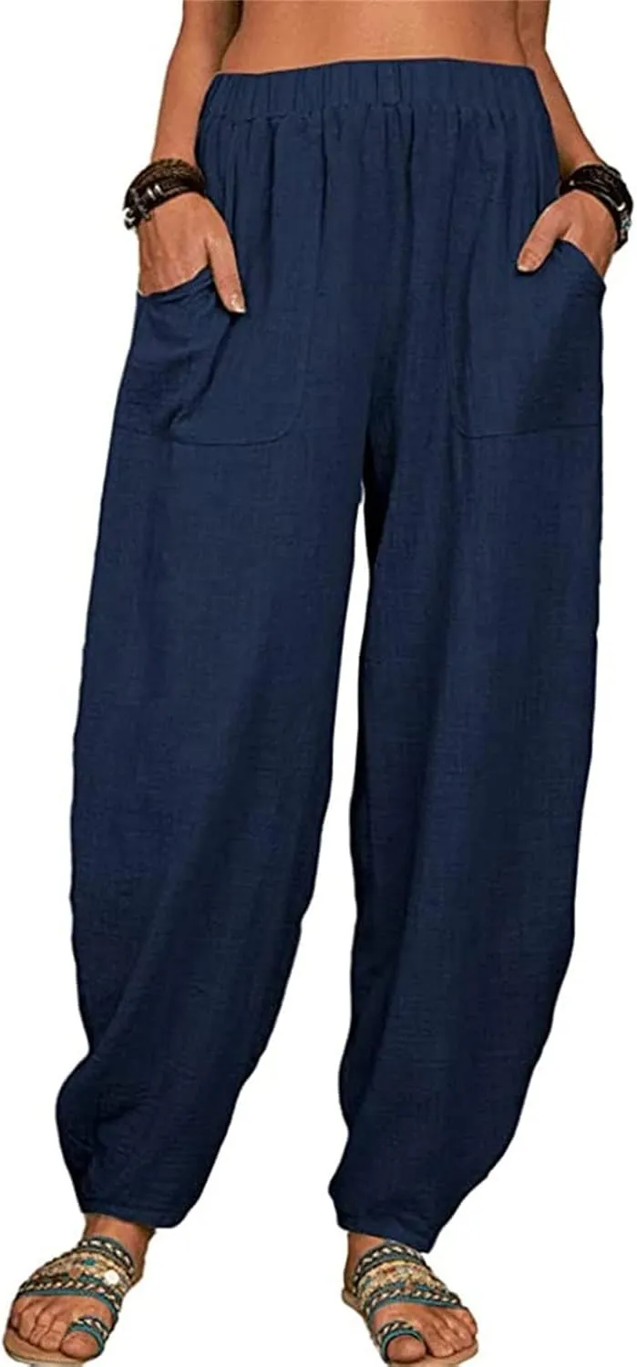 Women's Cotton Linen Pants Casual Elastic Waist Travel Lantern Slacks Baggy Loose Beach Harem Trousers with Pockets