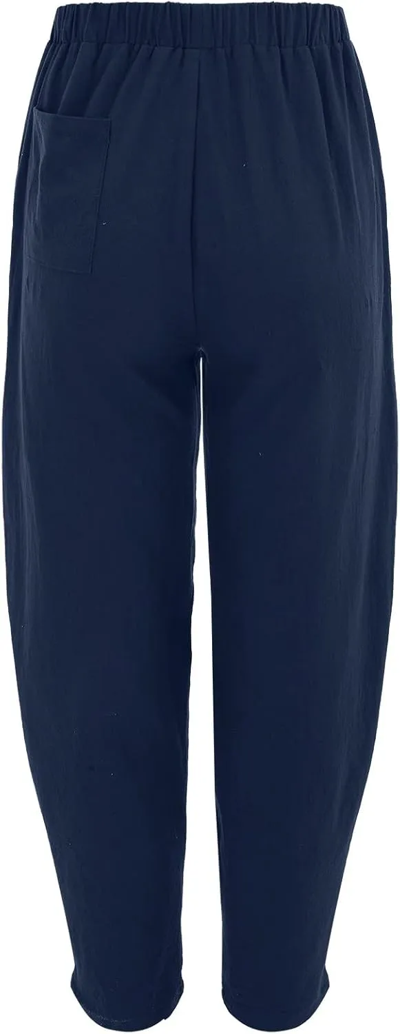 Women's Cotton Linen Pants Casual Elastic Waist Travel Lantern Slacks Baggy Loose Beach Harem Trousers with Pockets