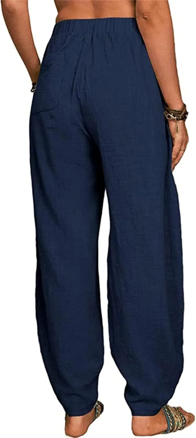 Women's Cotton Linen Pants Casual Elastic Waist Travel Lantern Slacks Baggy Loose Beach Harem Trousers with Pockets