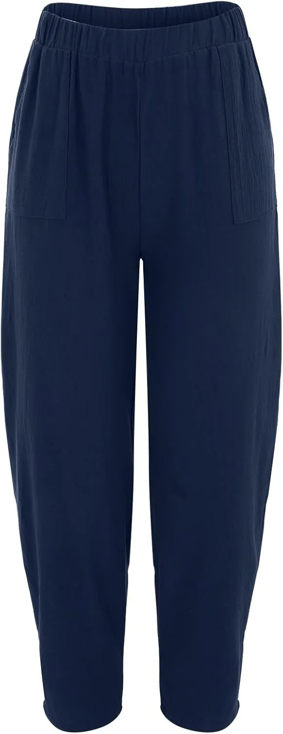 Women's Cotton Linen Pants Casual Elastic Waist Travel Lantern Slacks Baggy Loose Beach Harem Trousers with Pockets