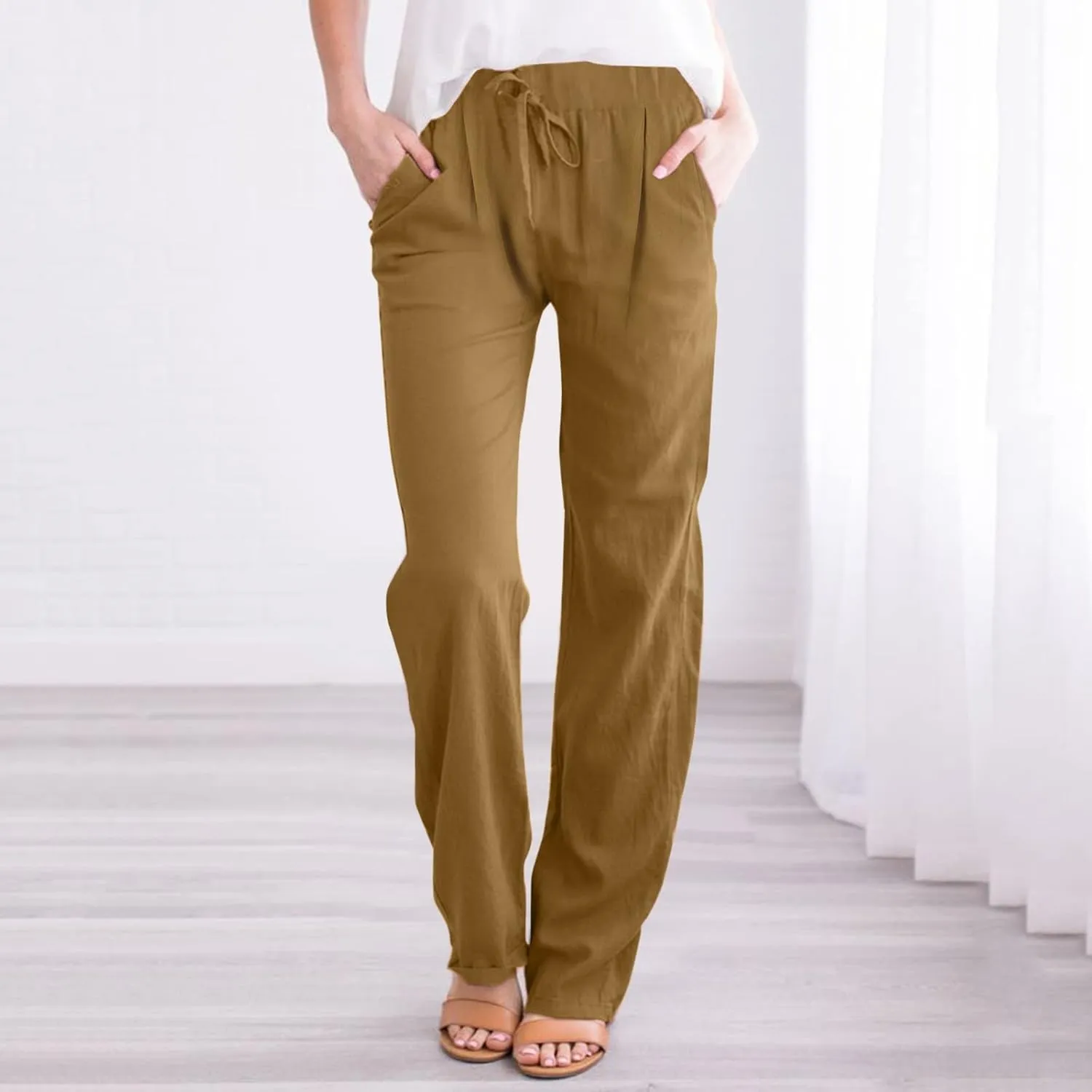Womens Cotton Linen Pants Casual Lightweight Summer Relax Fit Pants Elastic Waist Plus Size Lounge Long Trousers