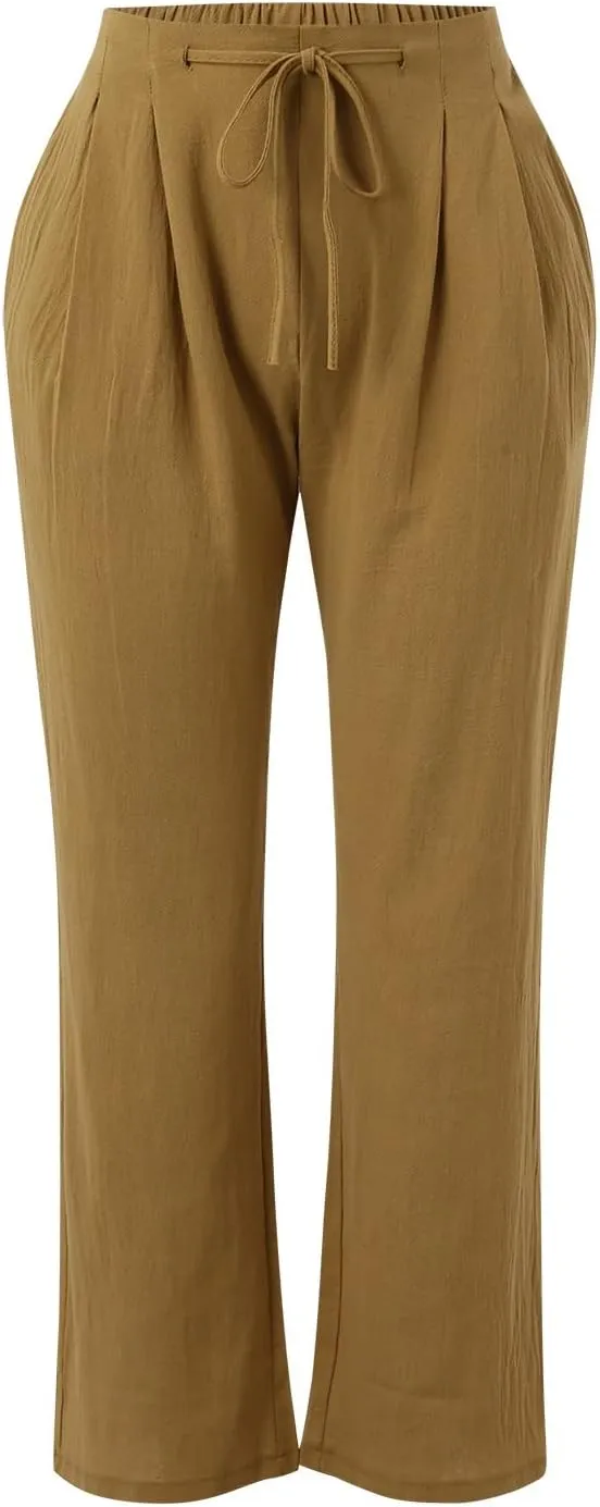 Womens Cotton Linen Pants Casual Lightweight Summer Relax Fit Pants Elastic Waist Plus Size Lounge Long Trousers