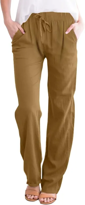 Womens Cotton Linen Pants Casual Lightweight Summer Relax Fit Pants Elastic Waist Plus Size Lounge Long Trousers