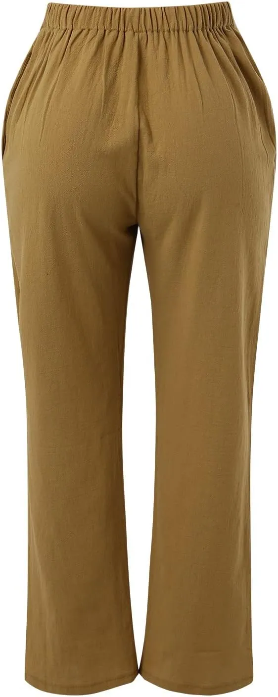 Womens Cotton Linen Pants Casual Lightweight Summer Relax Fit Pants Elastic Waist Plus Size Lounge Long Trousers