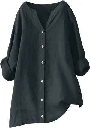 Womens Cotton Linen Tunic Tops Boho Peasant Summer Tops Long Sleeve Button Down Shirts Blouse Dressy Casual Clothing